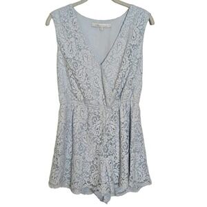 Lovers + Friends Light Blue Crochet Lace Sleeveless v-neck Plunge Romper Medium